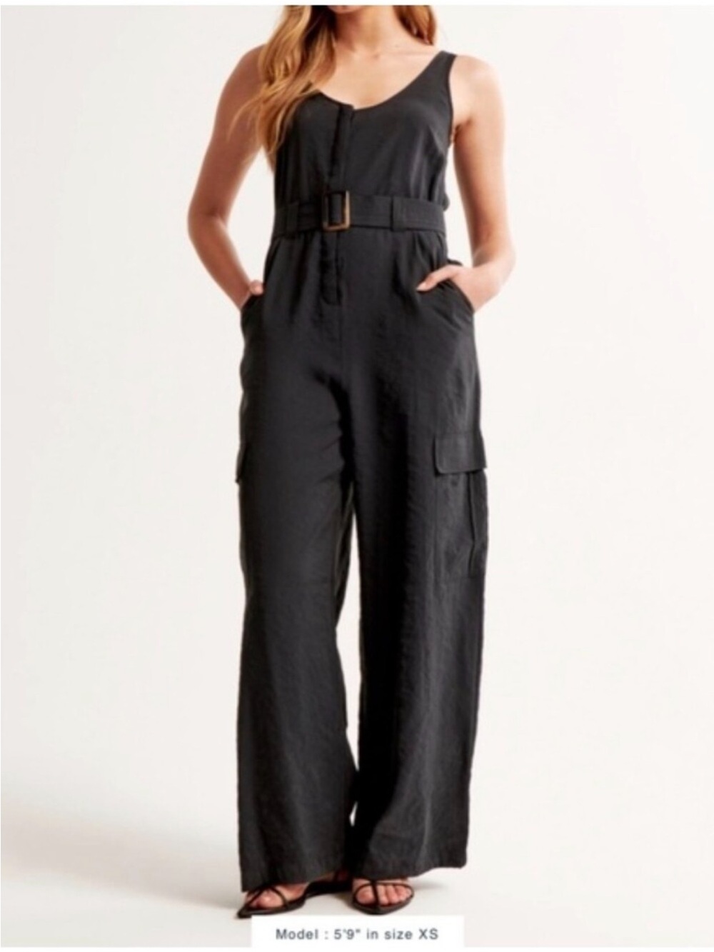 Abercrombie Womens Black Sleeveless Wide-Leg Jumpsuit with Belt